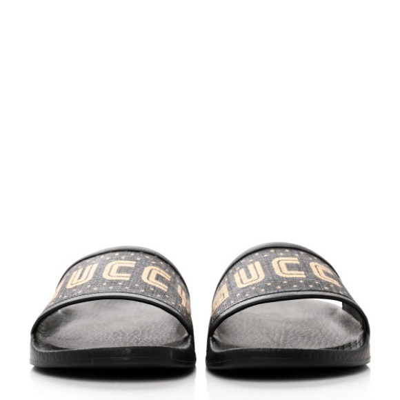 GUCCI X SEGA Supreme Canvas GUCCY Stars Womens Slide Sandals 39 Black Gold - Picture 8 of 10